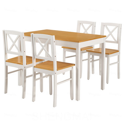 Ensemble de table de salle à manger 5 pièces en bois d'hévéa avec 4 chaises, ensemble de table et de chaises compactes blanc naturel pour petits espaces, appartement, salle à manger, restaurant - surface en bois massif lisse et facile à nettoyer