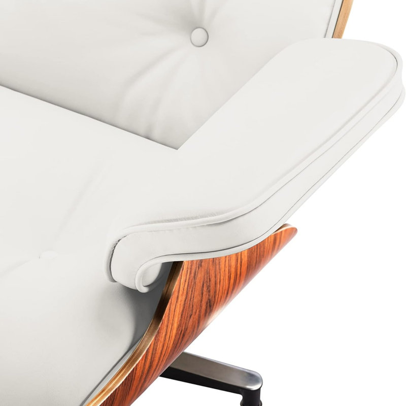 Chaise longue en bois massif, Cuir véritable noyer / blanc