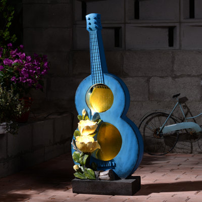 38.2" H Guitar-shaped Outdoor Water Fountain With Led Lights, 4-tier Cascading Waterfall Water Feature With Rustic Floral Accents For Outside, Patio, Balcony, Garden, Yard And Home Art Decor