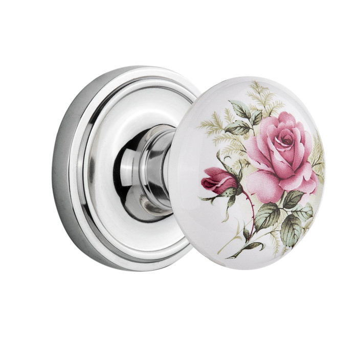 Rosette classique avec bouton de porte en porcelaine blanche, Chrome brillant, 2-3/8 po
