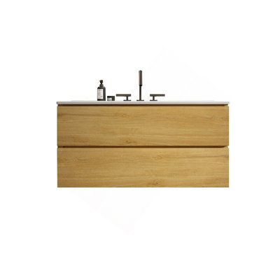 Meuble-lavabo mural en chêne naturel TIA de 36 po avec lavabo en céramique avec trois trous de robinet, grand meuble-lavabo flottant de rangement pour salle de bain moderne, pré-assemblé
