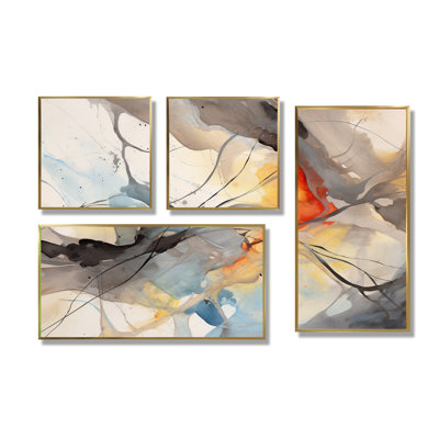 Marbre sérénité coloré gris aquarelle vagues I - impressions sur toile modernes 4 pièces