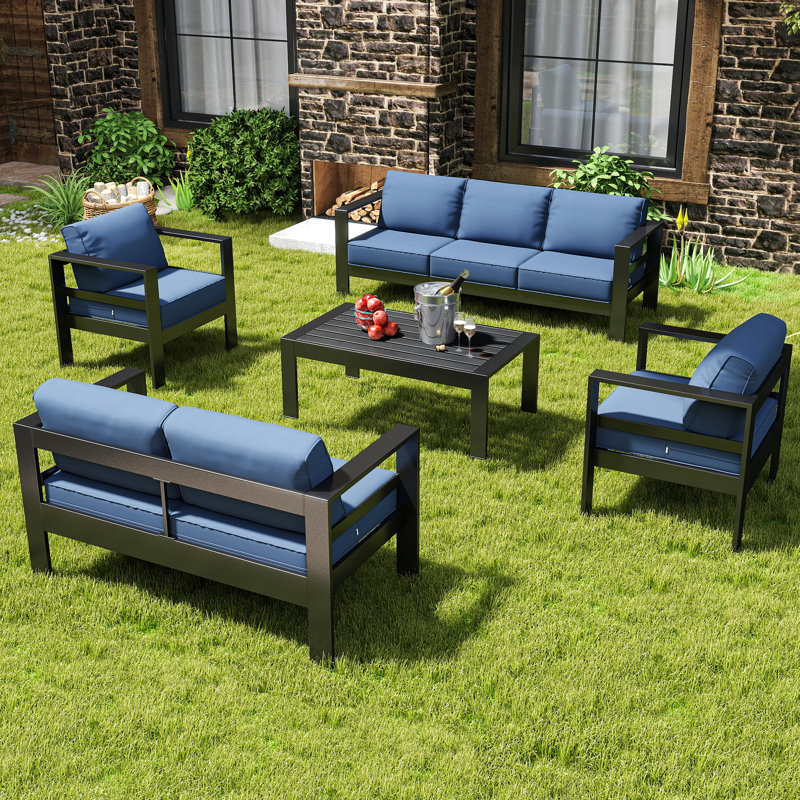 Arnhildur Aluminum 7 - Person 5 Piece Sofa Seating Group with Cushions, Blue Cushion/Dark Gray Frame