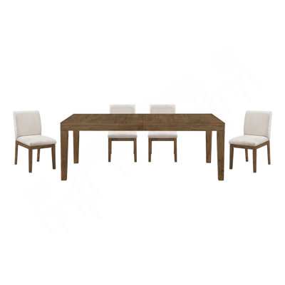 Brown Finish 5Pc Dining Set Large Table And Upholstered Chairs Self-Storing Extension Leaf Sturdy Frame Wooden Furniture