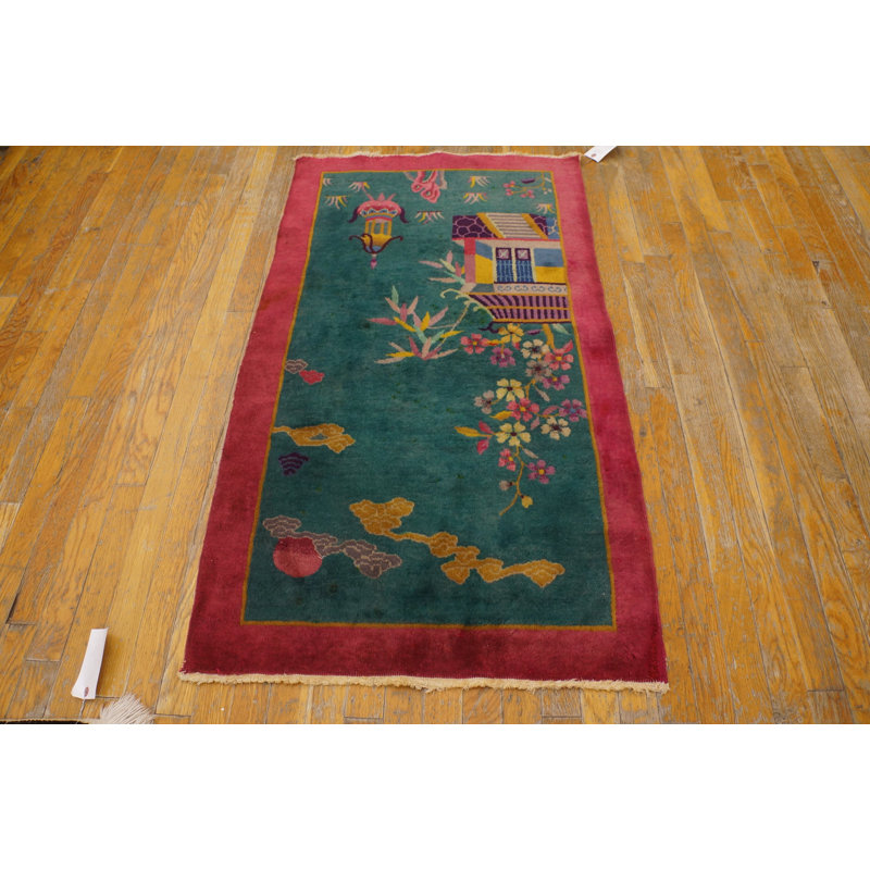 Green Antique Wool Floral Hand Knotted Pile 1920s Rectangle Rug