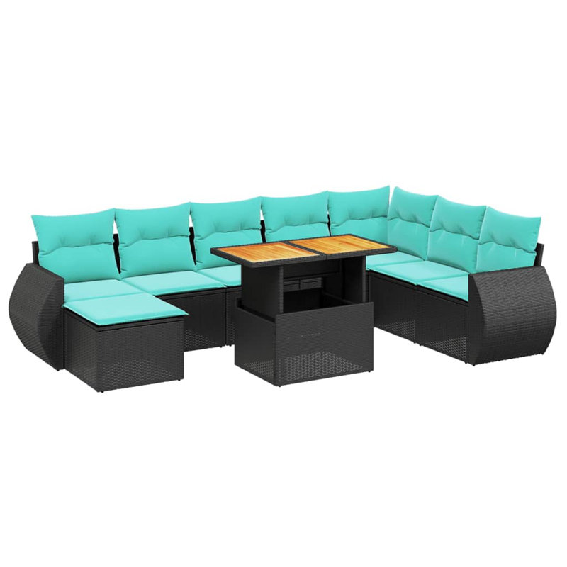  Ensemble de canapé de patio 9 pièces avec coussins en rotin de polyester, Noir, Vert