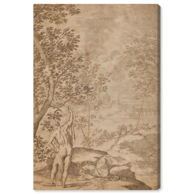 Vintage Landscape Wrapped Canvas Art in Beige and Brown