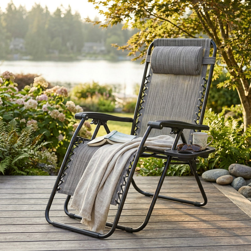 Set of 2 Outdoor Zero Gravity Chaise Lounge Chairs, Folding, Reclining Patio Seats with Cup Holder & Headrest, Gray