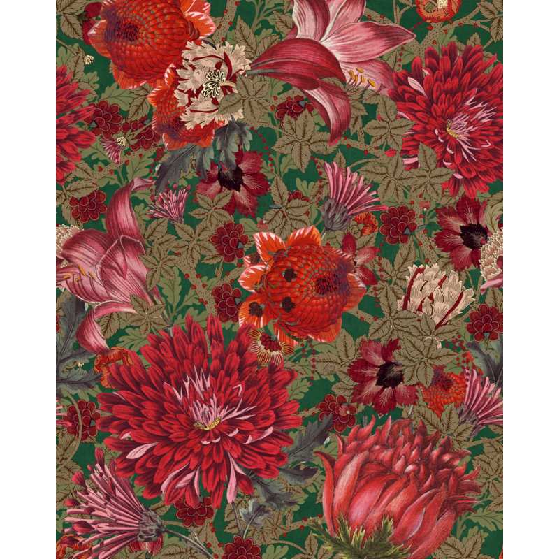 Transylvanian Roots Floral Wallpaper Roll, Red/Green