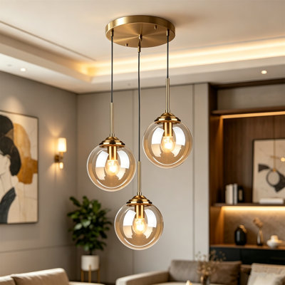 Modern 3-Head Led Pendant Light, 3-Color Dimmable, Adjustable Height, Metal-Plated Lamp Head, Amber Glass Shade For Dining Room Bedroom