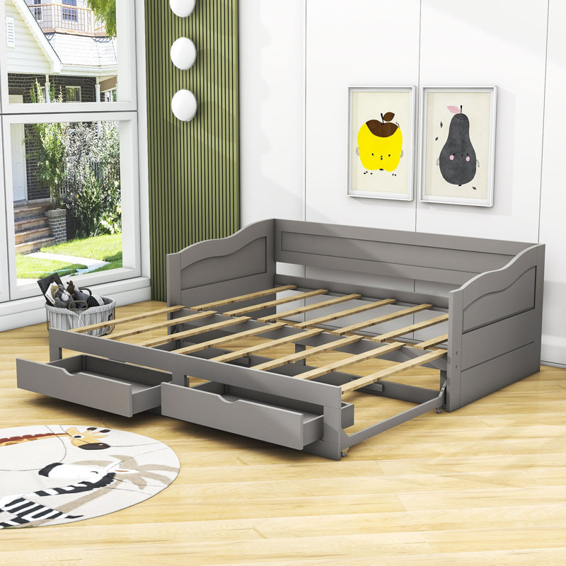 Dyuti Twin Size Wooden Daybed with Trundle and Two Storage Drawers, Gray