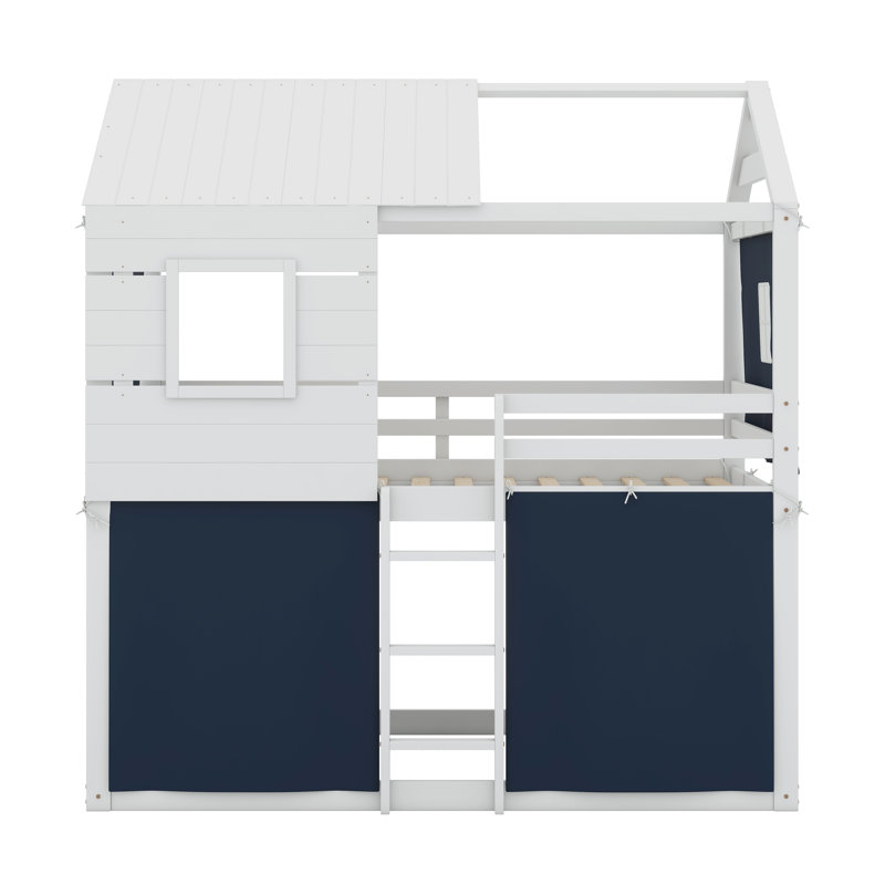 Bunk Wood House Bed With Tent, Blue, Full Over Full