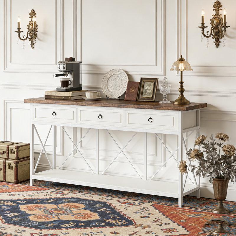 Table console à 3 tiroirs avec vestibule et tablette de rangement, Blanc et brun