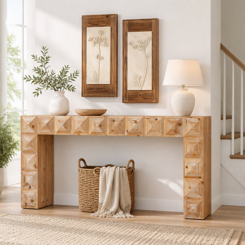 Console rustique à motif géométrique en relief - Table d'entrée en bois massif et MDF avec détails sculptés en 3D pour salon/couloir
