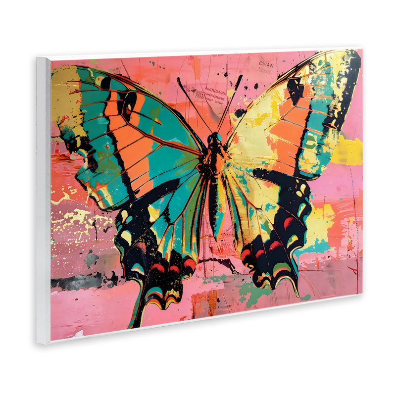 Papillon rétro sur plaque abstraite rose, design par LSR Design Studio, H 13 po x l 19 po