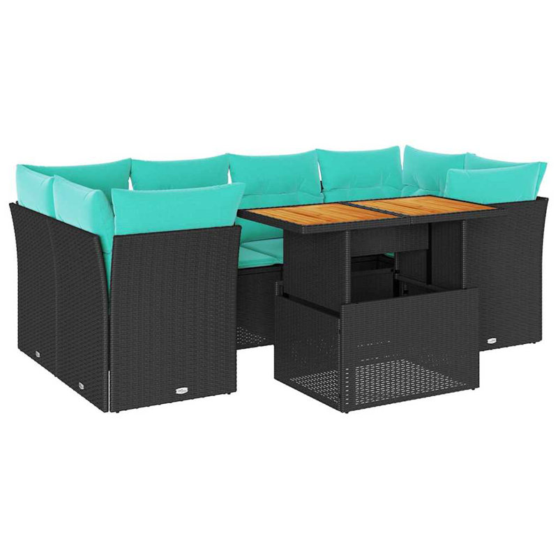  Ensemble de canapé de patio 7 pièces avec coussins en rotin de polyester, Vert, H 28,7 po x L 39,4 po x l 21,7 po, Noir