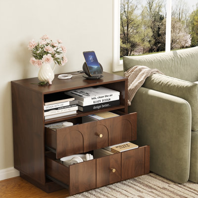 Table de chevet à 2 tiroirs avec station de charge, table de bout arquée de style moderne Mid-Century avec tablette de rangement, table de chevet pour chambre à coucher, bureau