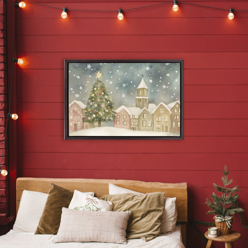Cadre flottant Christmas Village Snowfall, design par LSR Design Studio, H 21 po x l 31 po, Cadre flottant noir de jais