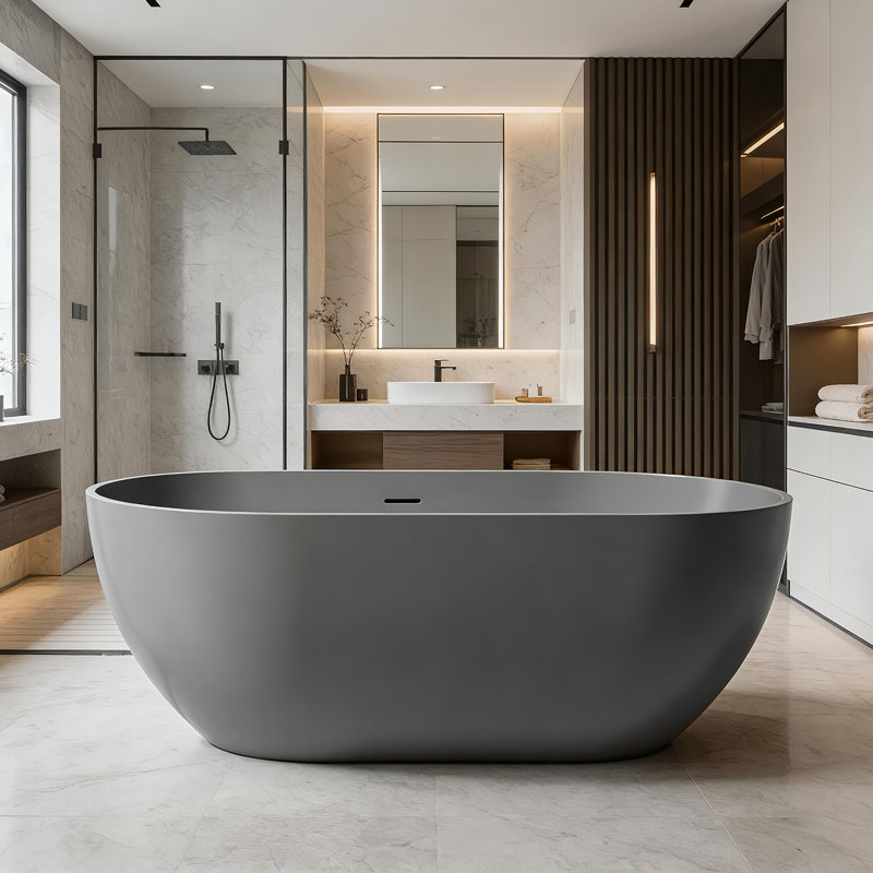 59" Matte Gray Freestanding Solid Surface Bathtub, Matte Gray