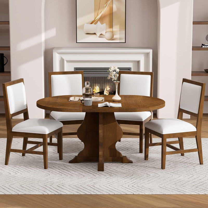 5-piece Extendable Farmhouse Dining Set With 4 Upholstered Chairs, Dark Brown