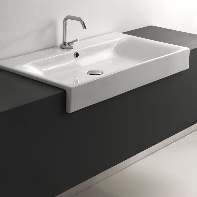 Cento Ceramic Rectangular Semi-Recessed Vessel Bathroom Sink and Overflow