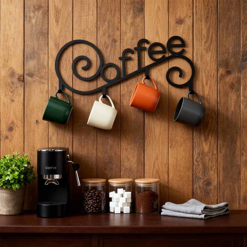 Porte-gobelet mural pour tasse à café, support en métal avec 4 crochets (noir)