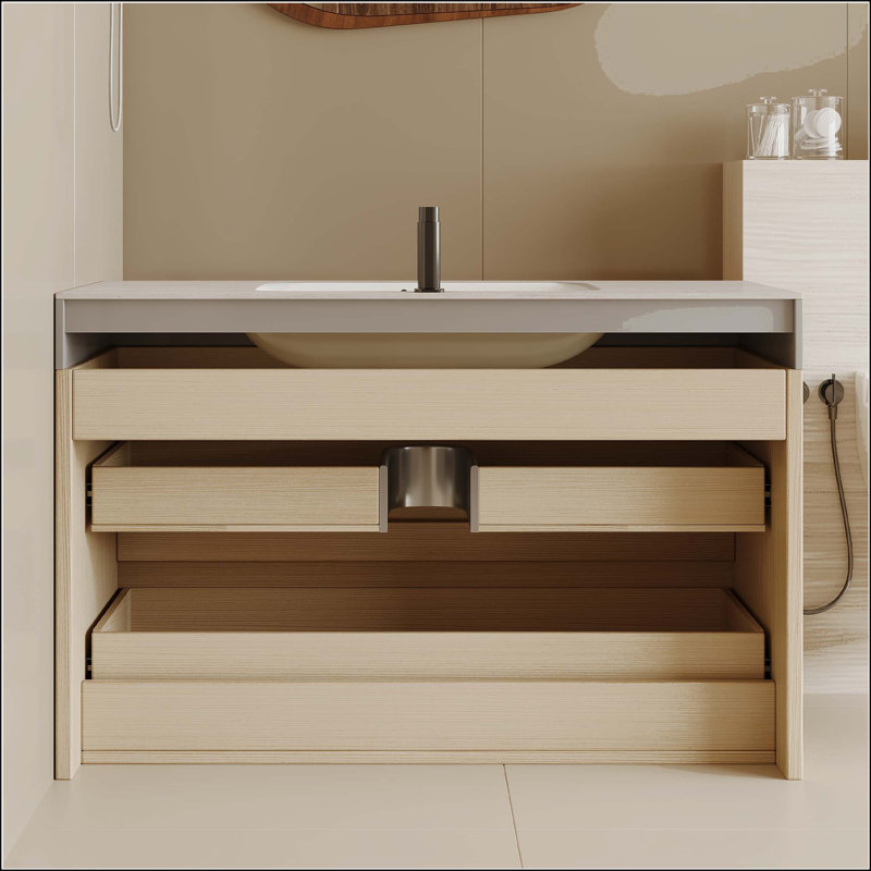 Meuble-lavabo mural 29,9 po avec plateau en faux marbre et tiroirs, Wood, Stone Grey