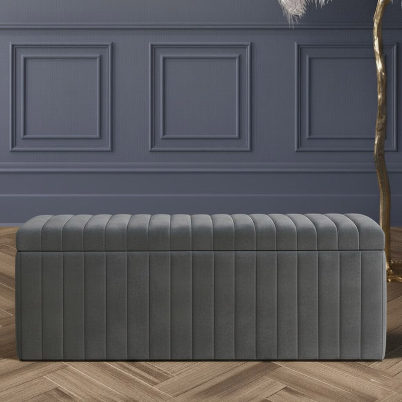 Lux Striped Wide Velvet Rectangle Solid Color Standard Ottoman Box with Storage, Steel Grey, 40 cm H x 120 cm W x 42 cm D