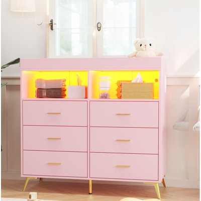 Changing Table Dresser with Drawers, Power Outlet & LED – Baby Dresser with Changing Top, Nursery Organizer and Metal Feet, Diaper Station for Infant