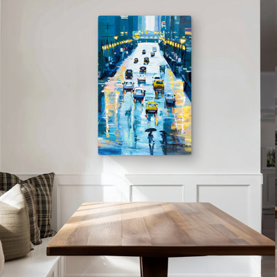 Rainy Streets of New York - Classic Blue Metal Print Decor