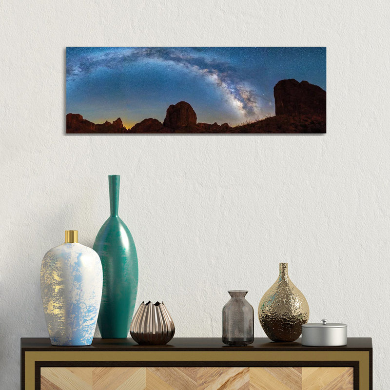 Landscape With Rock Formations In Desert Under Milky Way Galaxy In Sky, Kofa Queen Canyon, Arizona, USA - Wrapped Canvas Panoramic Print