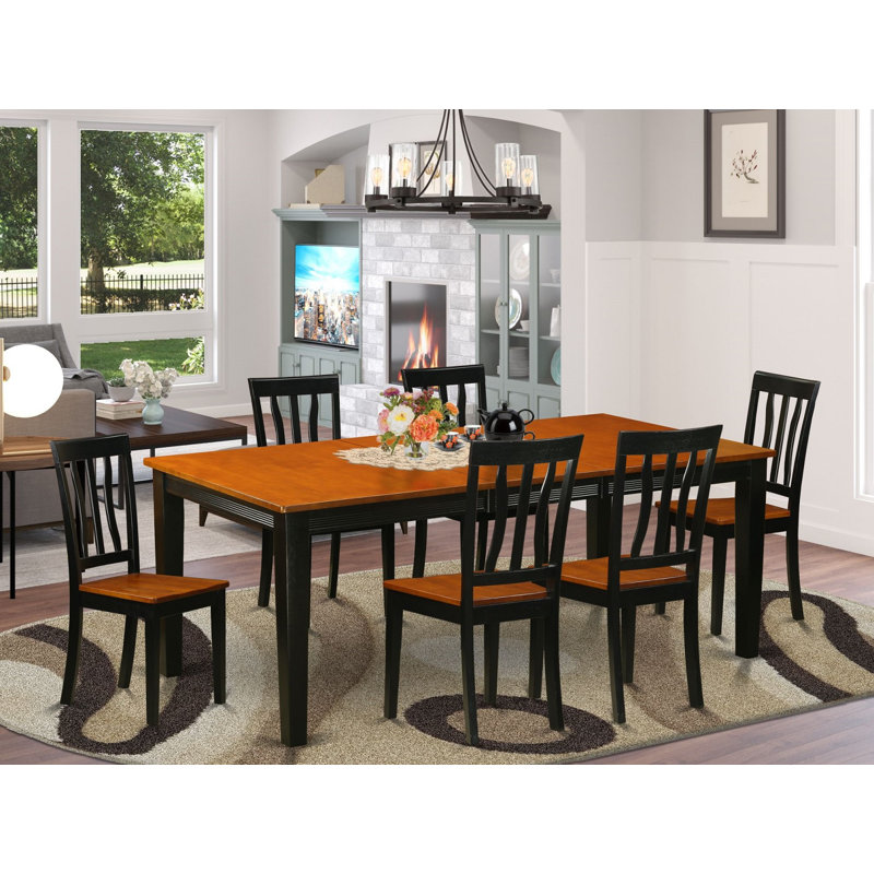 Ensemble de table de salle à manger 7 pièces composé d'une table rectangulaire en bois avec feuille papillon et 6 chaises de salle à manger, noir et cerise