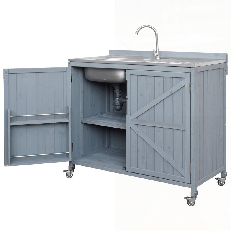 Outdoor Kitchen Island With Sink, Durable Stainless Steel, Hose Hookup, Faucet, Backsplash, And Wheels For Easy Mobility