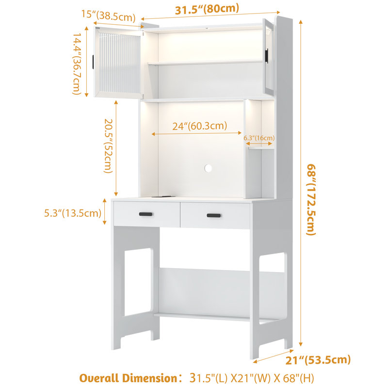 Bureau d'ordinateur l 31,5 po avec huche et armoire Berwaldt, Blanc