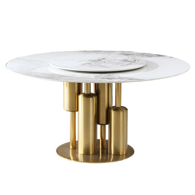 Table de cuisine ronde de 53 pouces avec paresseux, matériau en pierre frittée, design luxueux américain pour la salle à manger, sièges confortables, chaleur, facile à entretenir, fabrication dorée et blanche, design minimaliste moderne,