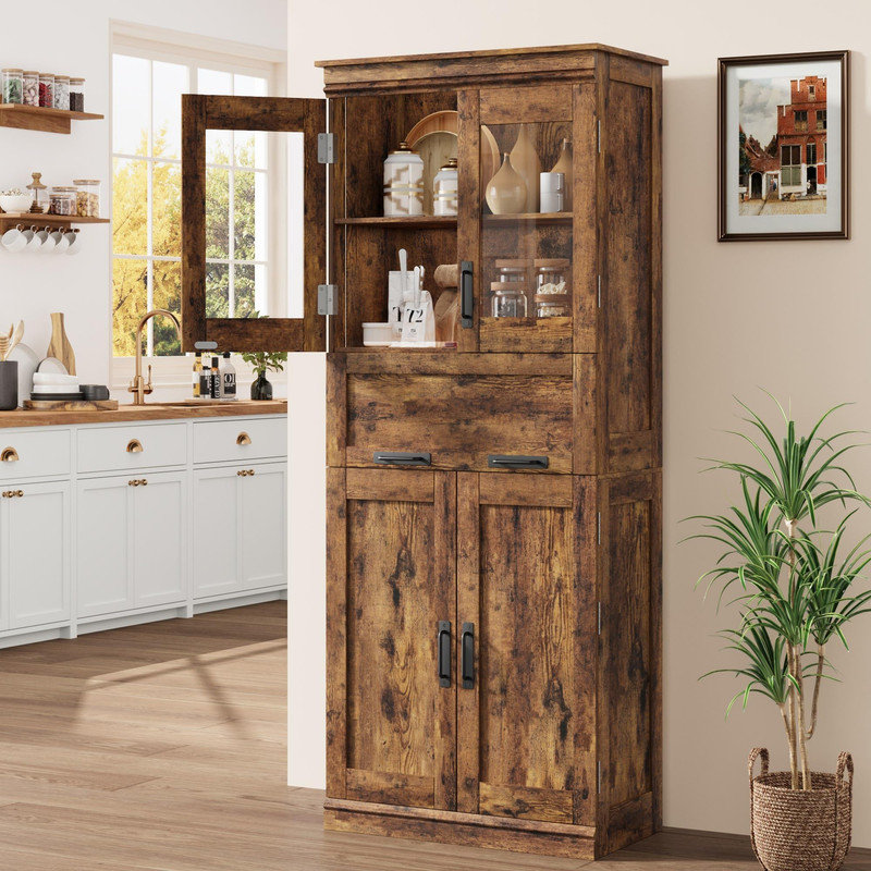 Rustic Brown Storage Cabinet with Door, Drawer and Adjustable Shelf, 67-Inch Tall Freestanding Unit for Laundry Room, Kitchen, Living Room or Compact Area