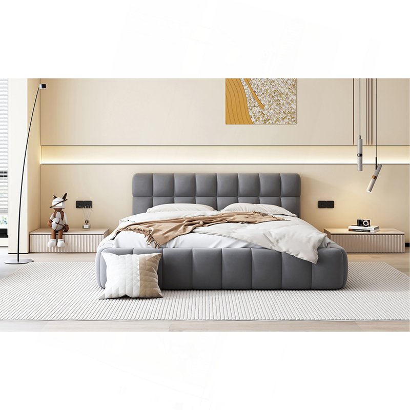 Grand lit plateforme tapissier avec tissu épais, lit au sol avec structure solide, gris
