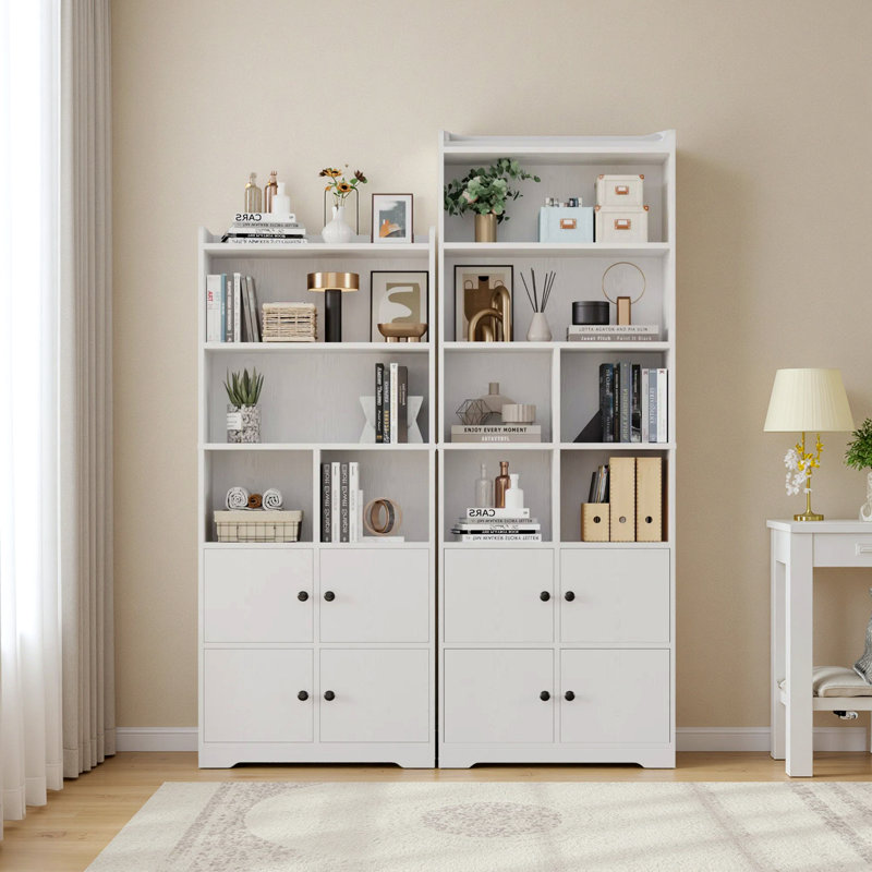 Rilion 74.6" H X 23.54" W Modern Wood 7-tier Storage Bookshelf With 4 Doors, Bookcase With Cube Storage Shelf 