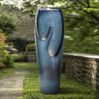 Fontaines | Grande fontaine moderne à 4 niveaux de 38,7 po pour l'extérieur, avec lumières DEL | Résine | Cascade