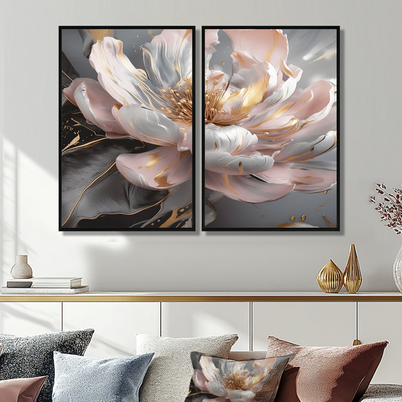 Marbre rose doré pivoine III - décoration murale moderne blanche, Noir, H 36 po x l 48 po, Impression encadrée flottante