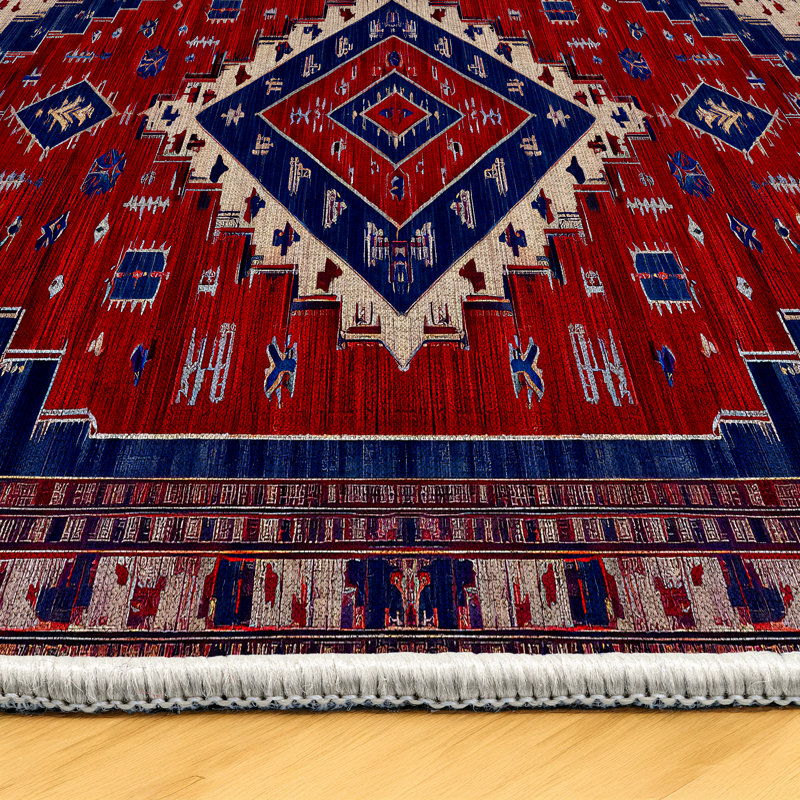 Gulhayo Collection Digital Print Cotton-Polyester Burgundy Navy Moroccan Rug, Square 5'3"