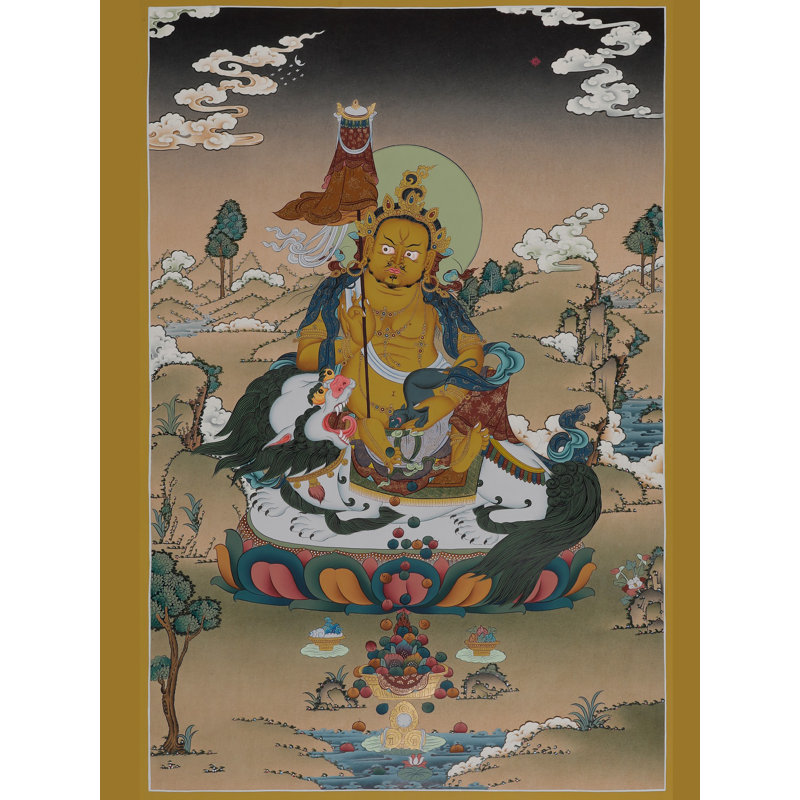 Lord Kubera Thangka sans brocart | Art mural dieu tibétain peint à la main | Décoration or 24 carats prospère et abondante (29,9 po x 19,7 po)