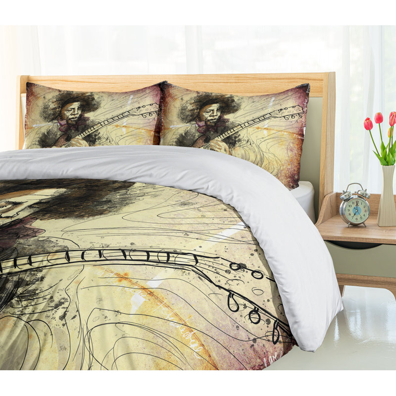 Jazz Guitar Virtuoso Hand Drawn Queen Duvet Cover Set
