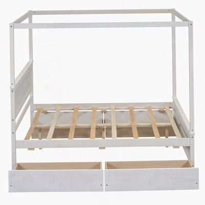 Wood Canopy Bed with Four Drawers ,Full Size Canopy Platform Bed with Support Slats