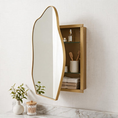 Armoire à miroir décorative en forme de nuage irrégulier (85 x 56 cm), avec cadre en métal, étagères en verre ajustables et miroir de rangement pour salle de bain, entrée ou chambre.