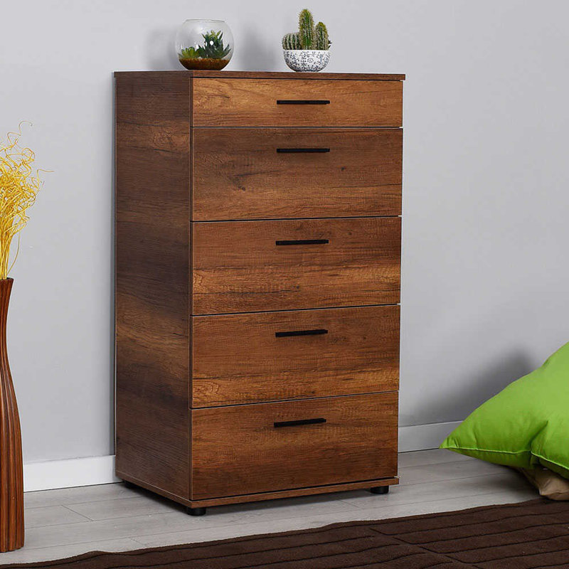 Commode élégante en noyer avec 4 tiroirs, 23,6 po x 42,5 po x 17,3 po | Panneau de particules enduit, conception à fixation murale | Parfait pour les chambres à coucher traditionnelles et les solutions de rangement, finition durable et élégante