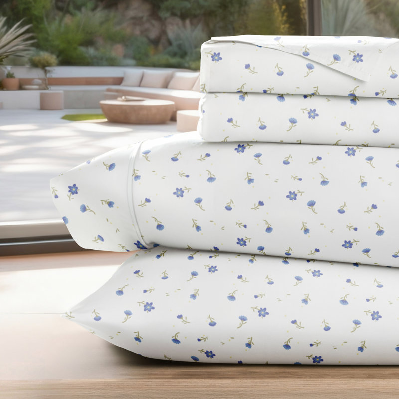 Ensemble de draps en microfibre douce à motif floral 4 pièces, Très grand californien, Bleu clair