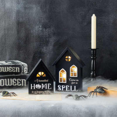 2-Piece 8"H Lighted Halloween Wooden Hauted House Table Decor