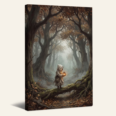 Personnage encapuchonné avec lanterne dans une forêt brumeuse - Toile murale d'Halloween