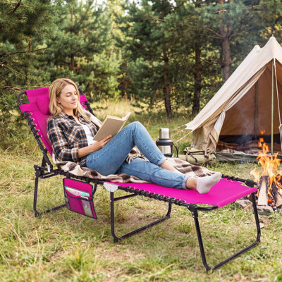 Chaise longue pliante avec appui-tête confortable, conception pliante facile pour la pelouse rose